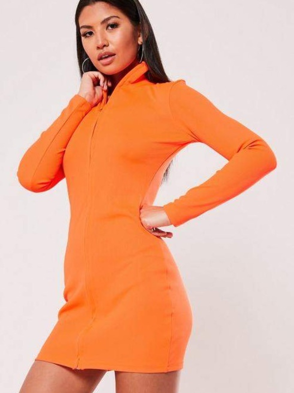 Missguided Orange Long Sleeve Zip-Up Bodycon Dress